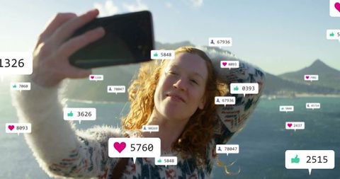 Woman with Enhanced Social Media Connectivity by the Lake