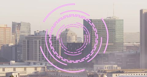 Futuristic circles over city skyline symbolizing digital data networks