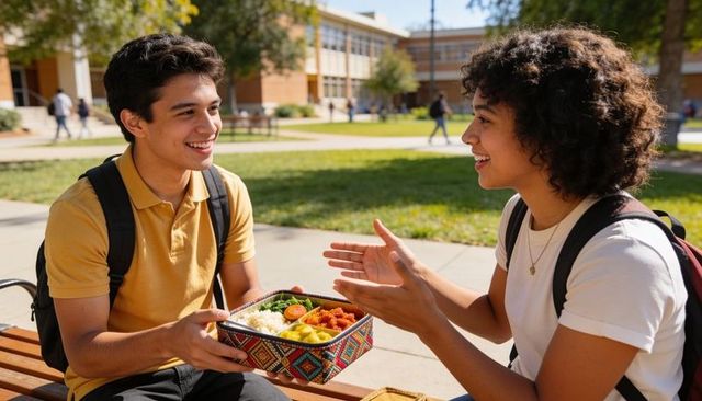 College students sharing bento lunch on campus bench smiling and conversing during break