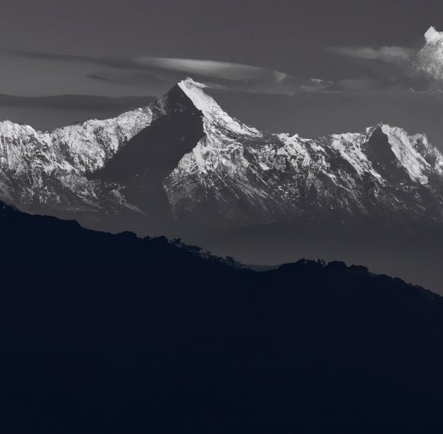 Image of rocky range of himalayas mountains with snowy peaks. Nature, mountains, himalayas and travel concept.