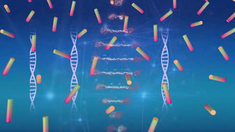 Abstract 3D DNA Helix with Colorful Shapes on Digital Background