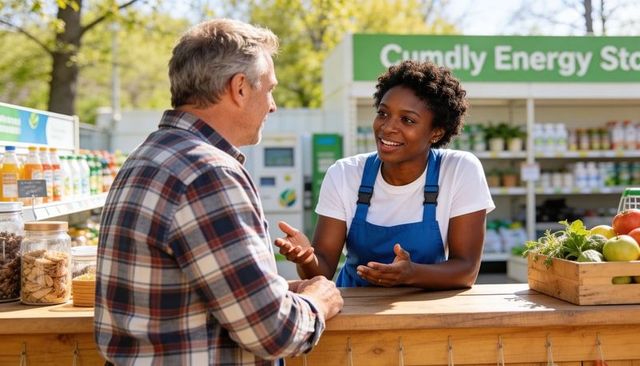 Friendly market vendor chatting with customer at outdoor produce stall in sunlight