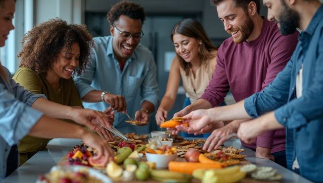 Friends sharing grazing board on kitchen island, serving snacks and laughing together
