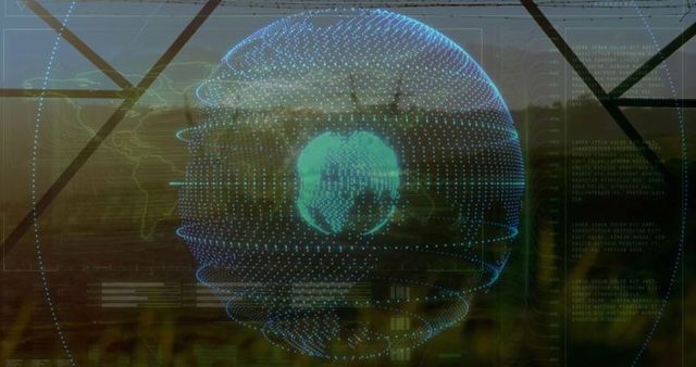 Digital Sphere Globe with Futuristic Data Overlay in Greenhouse