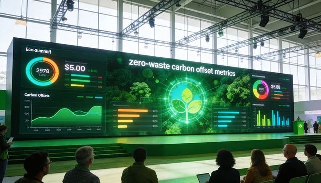 Zero-waste carbon offset metrics dashboard presenting on led wall at sustainability expo