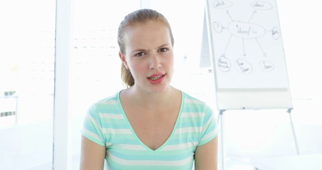 Confused woman in meeting room with idea board in background - Download Free Stock Images Pikwizard.com