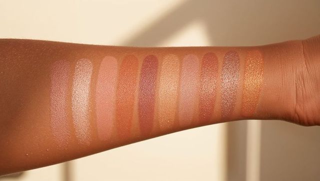Forearm displaying diverse makeup swatches against light wall