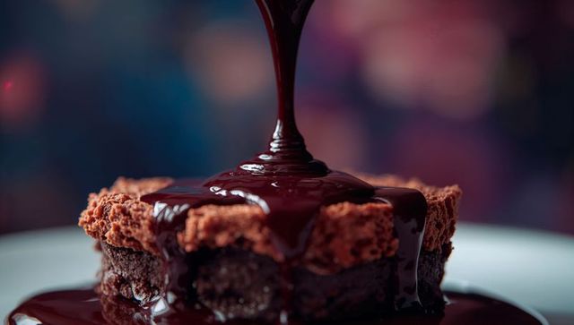 Rich Chocolate Sauce Drizzled on Fudgy Brownie with Bokeh Bliss