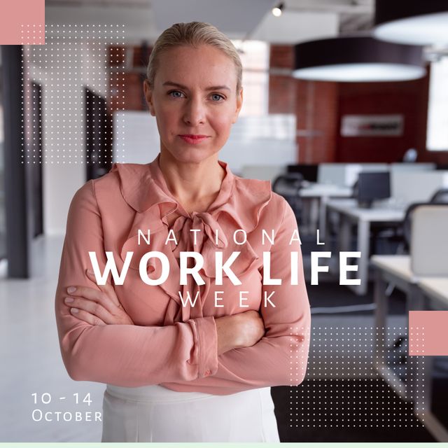Image depicts a confident businesswoman standing in a modern office setting with text highlighting 'National Work Life Week'. Eye-catching image well-suited for promoting workplace events, employee well-being programs, and materials on work-life balance and corporate culture. Ideal for businesses aiming to support and enhance employee satisfaction and productivity.