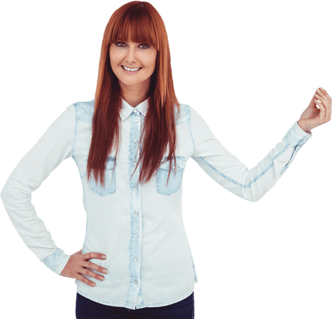 Smiling Woman with Long Red Hair in Denim Shirt, Transparent Background