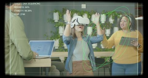 Woman wearing vr headset manipulating virtual rings in modern coworking innovation lab