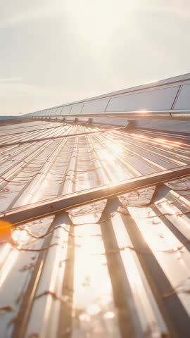Sliding rooftop tracking shot capturing sun glare on corrugated metal and raised skylights