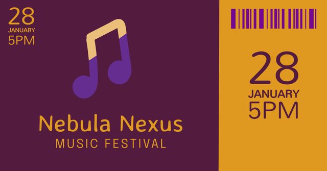 This music festival ticket template features a vibrant purple and yellow design, making it perfect for promoting concerts, parties, and album launches. The template includes key event information, a dynamic musical note graphic, and a barcode for ticket scanning. It is ideal for designing eye-catching event invites, marketing materials, and social media promotions.