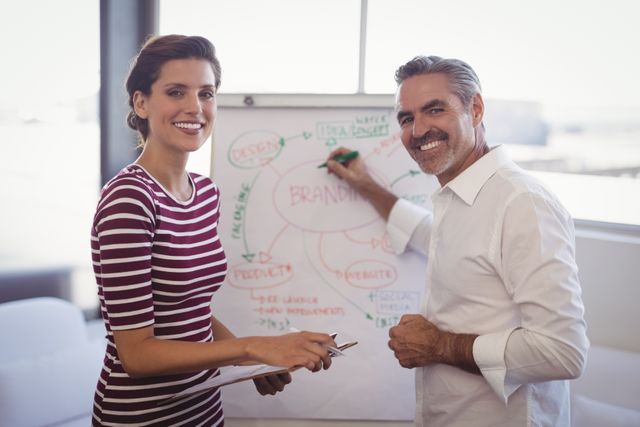 Portrait of smiling businessman and woman preparing strategy on whiteboard in office