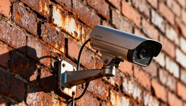 Weathered bullet security camera on rusted brick wall with exposed cable and rust stains
