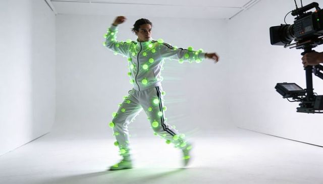 Dancer performing motion capture wearing neon marker suit on white cyclorama filmed