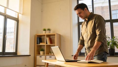 Leaning man checking laptop and notebook at sunlit minimalist workspace for focused productivity