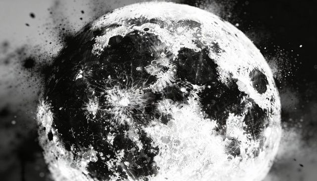 Monochrome moon revealing impact craters and crater rays with ink splatter texture