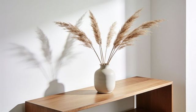 Cream ceramic vase holding pampas grass on wooden console casting soft shadow