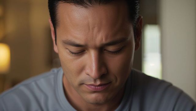 Contemplating Asian Man Looking Down and Frowning in Warm Interior Closeup Portrait