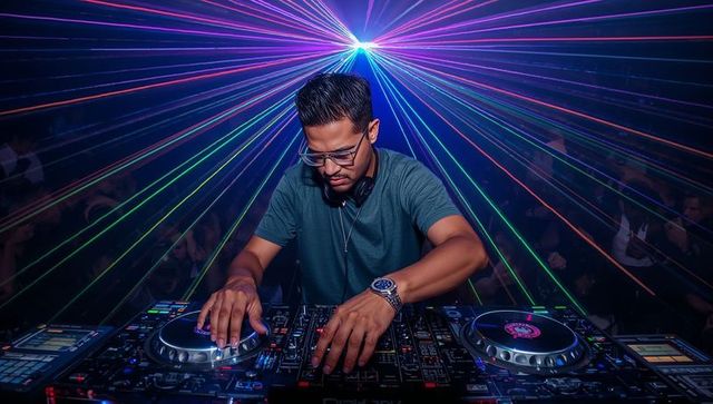Nightclub dj mixing live electronic set with neon lasers, turntables, visuals and crowd