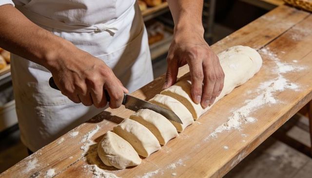 Baker slicing dough log on wooden board wearing apron serrated knife artisan baking