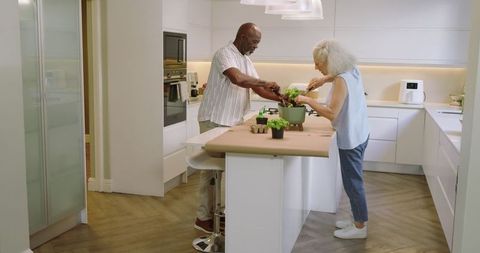 Senior Couple Transplanting Herb Seedlings in Modern Kitchen
