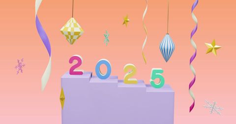 Colorful 2025 With Festive Ornaments on Pink Background