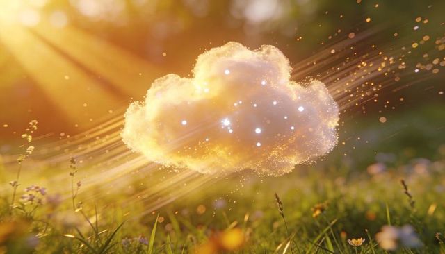 Golden luminous cloud floating over sunlit meadow with sparkling particle trails
