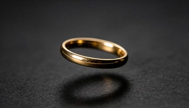 Floating Gold Wedding Band Hovering Over Dark Surface with Soft Shadow Macro Minimalist