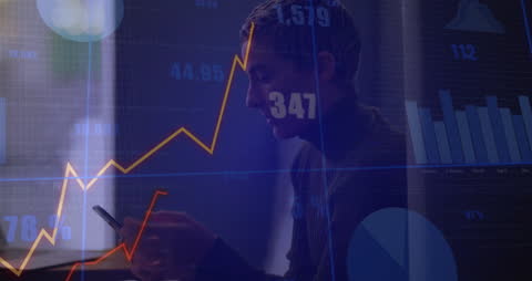 Businesswoman Analyzing Data on Smartphone with Financial Graphics Overlay