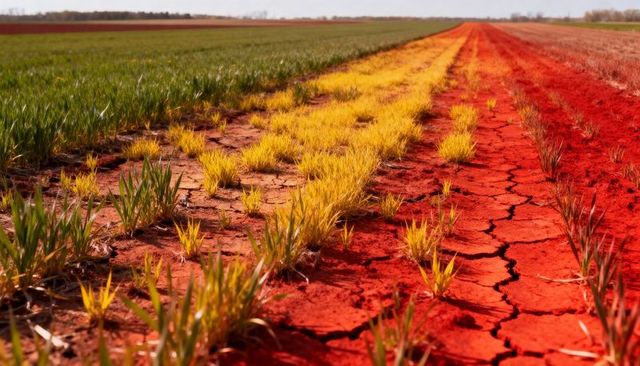 Cracked red soil furrow slicing through green and yellow crop rows, drought damage