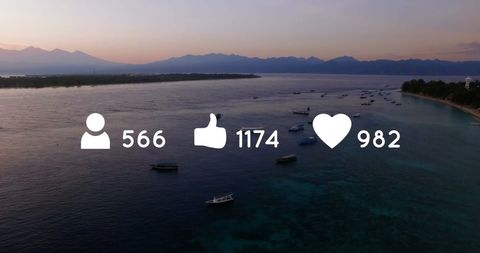 Social Media Engaging Icons Over Scenic Ocean View