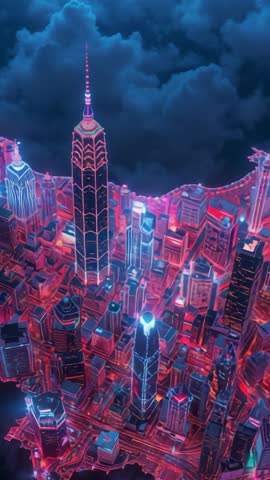 Vertical drone revealing neon cyberpunk cityscape with pulsating spire and cloud backdrop