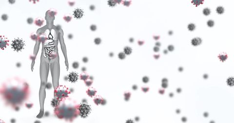 Digital representation of human body amongst viral particles