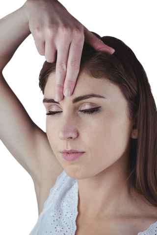 Serene Woman Meditating with Hand Gesture on Forehead Transparent Background