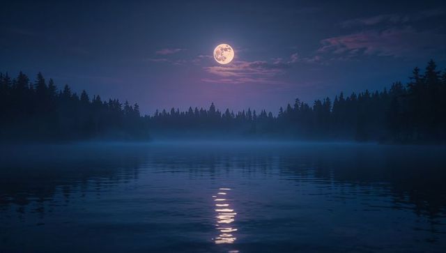 Mystical Full Moon Reflecting on Tranquil Lake with Silhouetted Trees