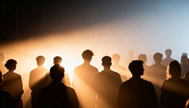 Silhouetted crowd standing in dramatic backlight and haze with golden light beams