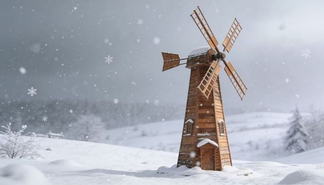 Wooden windmill standing in snowy field with falling snowflakes and hazy hills