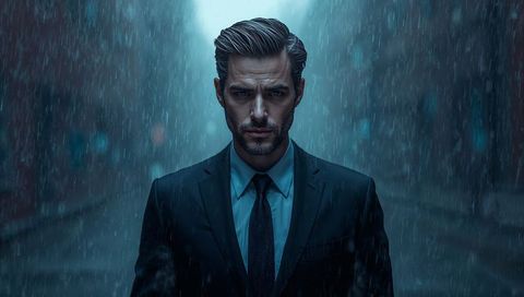 Brooding suit-clad man standing in rain-soaked neon alleyway noir cinematic portrait
