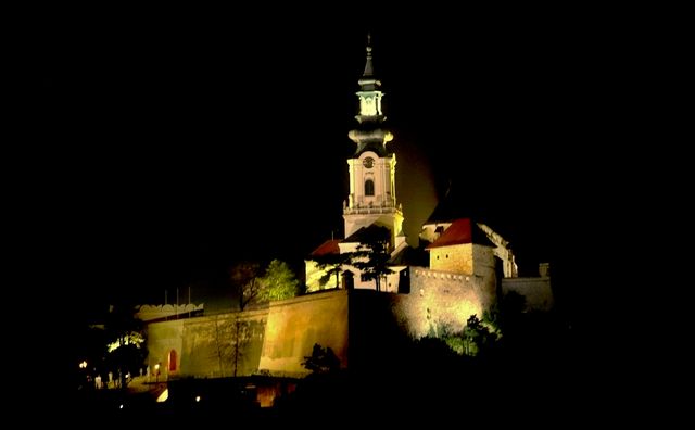 Historic church with a tall tower illuminated at night, showcasing stunning architecture. Ideal for use in travel blogs, historical documentaries, religious event promotions, and tourism websites. Highlights historic architecture and nighttime beauty.