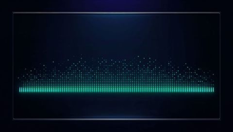 Glowing teal dot-grid equalizer displaying data on glass dashboard