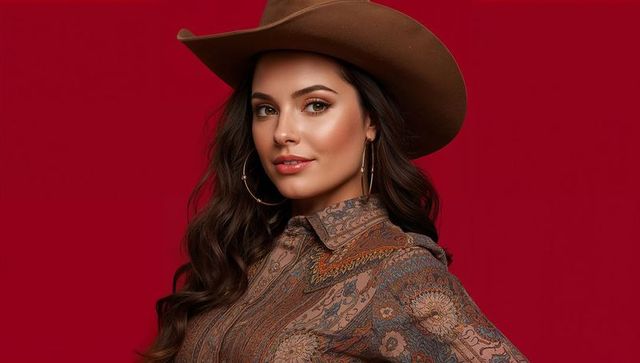 Elegant woman wearing cowboy hat and paisley shirt against red background