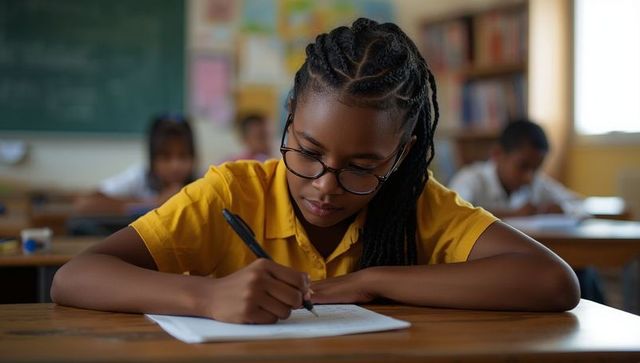Focused Female Student Writing at School Desk in Classroom