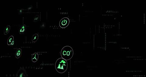 Futuristic Green Energy Icons Aligned on Digital Interface