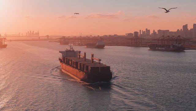 Sunset container ship heading through busy harbor channel with city skyline