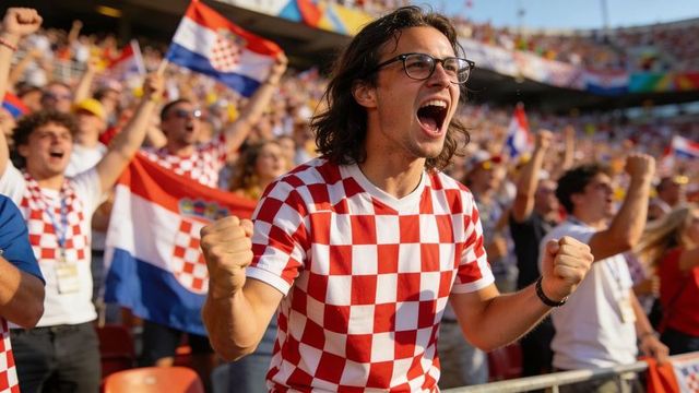 Croatian fan cheering passionately in red-and-white checkered jersey in stadium crowd