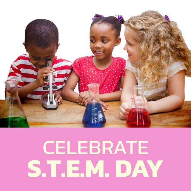 Composite of celebrate stem day text and diverse girls looking at boy using microscope in school. Science, technology, engineering, mathematics, together, education, experiment, childhood, flask.