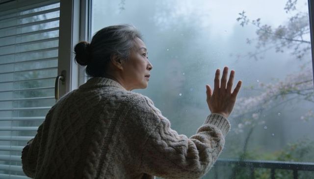 Senior asian woman gazing through rain-speckled window, contemplative solitude at home