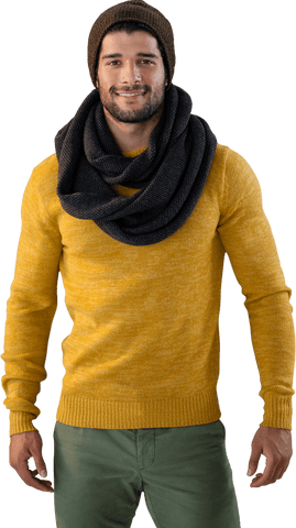 Smiling Man Wearing Transparent Layered Winter Clothes with Scarf